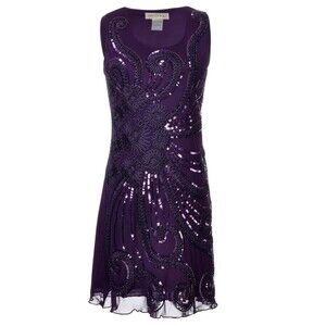 Anna-Kaci  Womens Sleeveless Floral Embroidery Beaded Sequin Mini Dress Purple